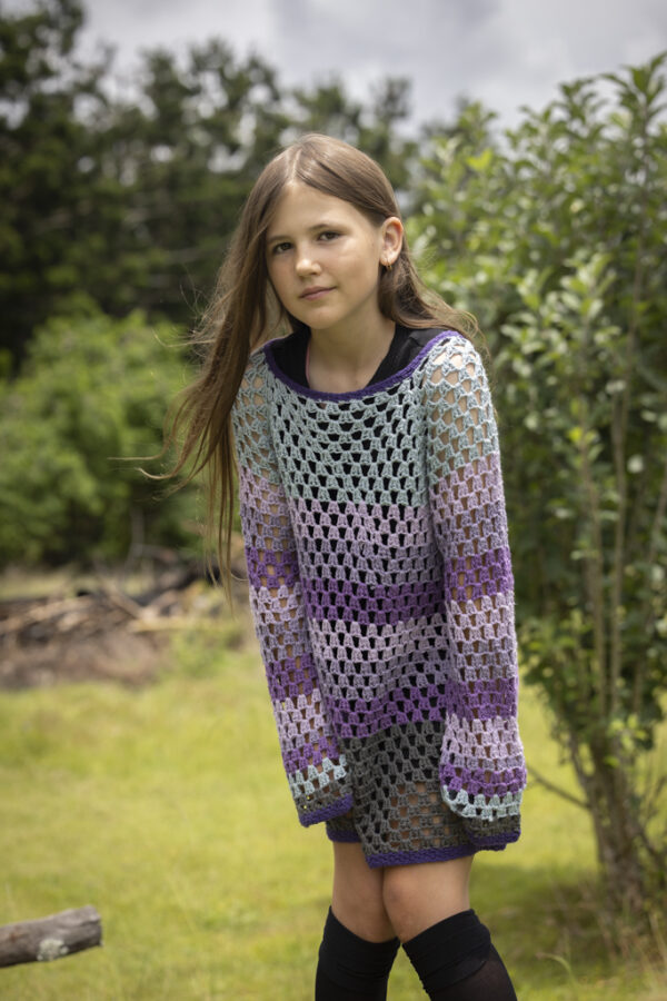 LS44 - Purple/Grey Cotton Crocheted Top (Size M/14)